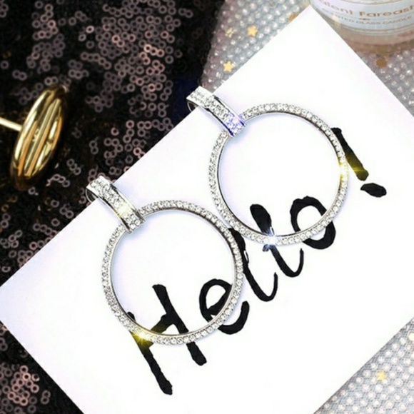 .925 Silver Rhinestone Stud Hoop Earrings - Picture 2 of 6